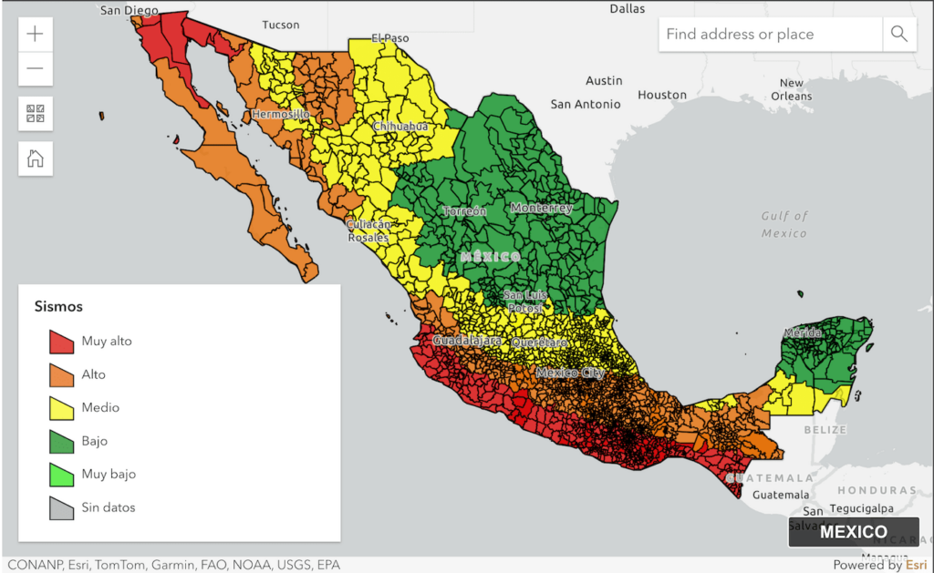 Mapa de riesgo de actividad volcánica en México.