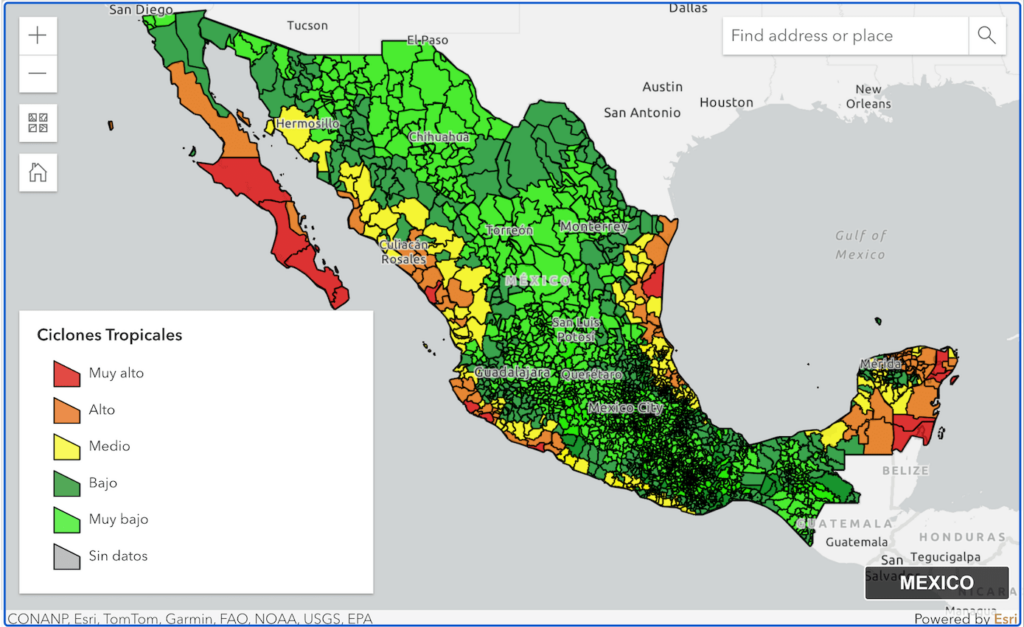 Mapa de riesgo de ciclones tropicales en México.